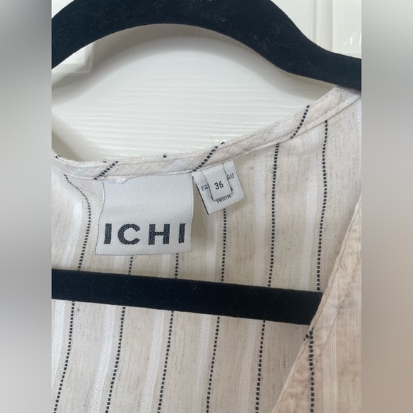 ICHI Striped Button Down Maxi Dress Linen Blend Look V-Neck Short Sleeve Neutral - Picture 5 of 15